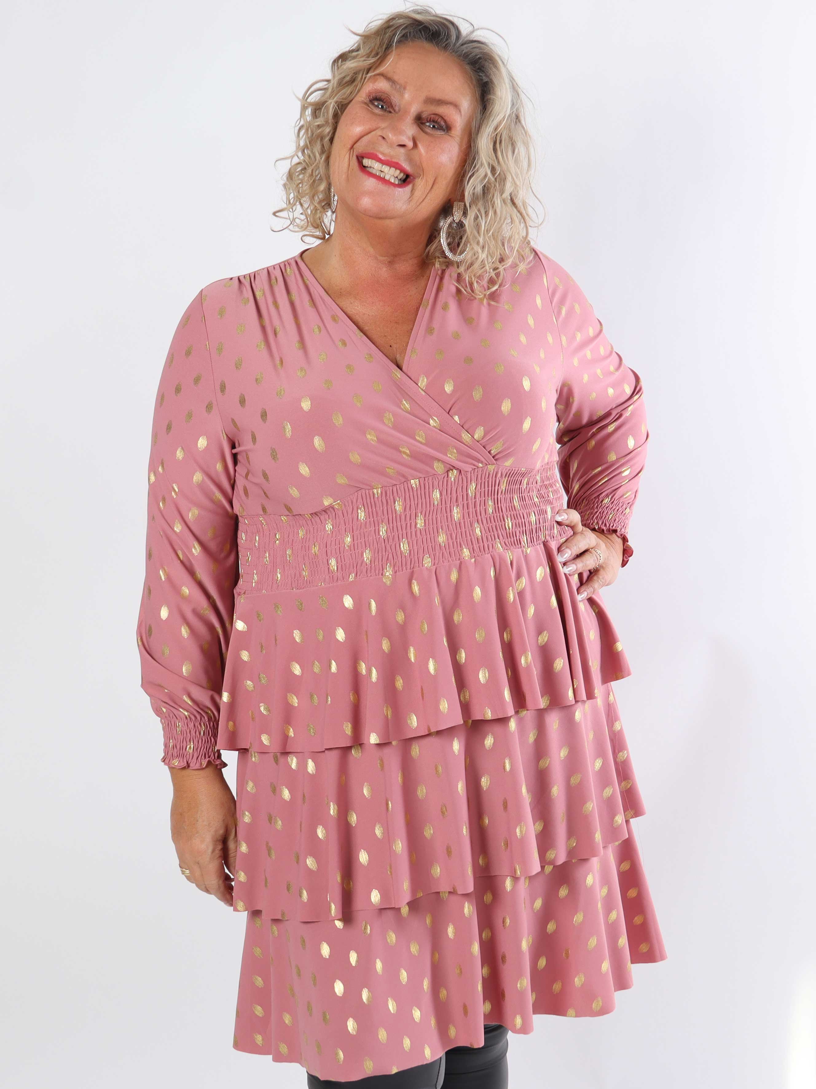 Pams Gold Dot Frills - Söt stretchig plus size-klänning med volanger